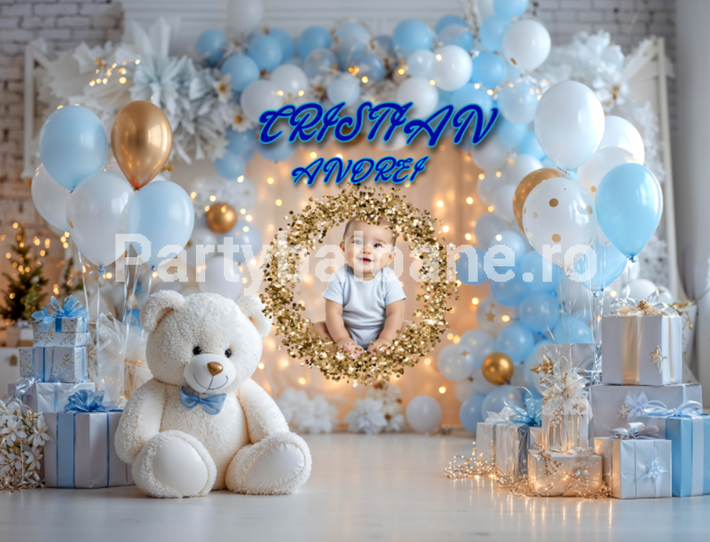 Background Personalizat Cu Poza Si Text - Urs Si Baloane Cod Bk1 - 180Cmx160Cm BACKGROUND PERSONALIZAT CU POZA SI TEXT - URS SI BALOANE COD BK1