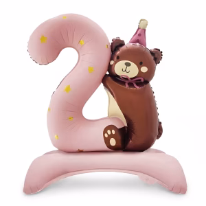 Balon Folie 3D Stativ Cifra 2 Roz cu Ursulet 91 cm Balon din folie 3D de sine statator in forma de cifra 2 roz pudrat cu stelute aurii si ursulet maro cu coif si papion roz dimensiune 91 cm.