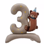 Balon Folie 3D Stativ Cifra 3 Bej cu Ursulet 91 cm Balon din folie 3D de sine statator in forma de cifra 3 bej cu stelute aurii si ursulet maro cu coif si papion albastru dimensiune 91 cm.