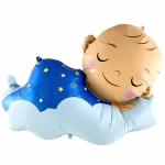 Balon Folie Bebelus Dormind Albastru 98x67 cm Balon din folie premium in forma de bebelus baietel dormind pe un norisor cu pijama albastra cu stele dimensiune 98 cm.