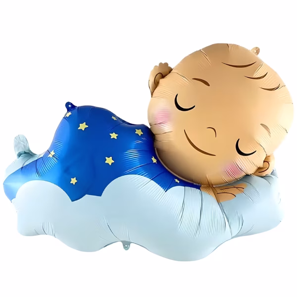Balon Folie Bebelus Dormind Albastru 98x67 cm Balon din folie premium in forma de bebelus baietel dormind pe un norisor cu pijama albastra cu stele dimensiune 98 cm.