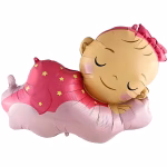 Balon Folie Bebelus Dormind Roz 98x67 cm Balon din folie premium in forma de bebelus fetita dormind pe un norisor roz pudrat, cu pijama si fundita roz, dimensiune 98 cm.