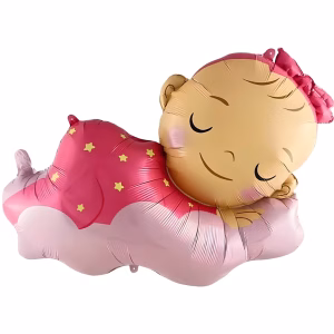 Balon Folie Bebelus Dormind Roz 98x67 cm Balon din folie premium in forma de bebelus fetita dormind pe un norisor roz pudrat, cu pijama si fundita roz, dimensiune 98 cm.