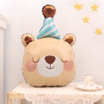 Balon Folie Cap Ursulet cu Coif Albastru 76 cm Balon din folie premium in forma de cap de ursulet adormit cu coif de petrecere in dungi albastre dimensiune 76 cm.
