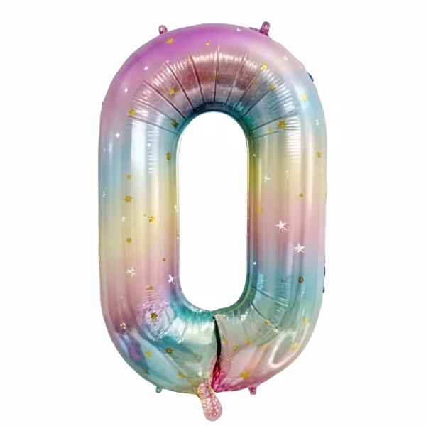 Balon Folie Cifra 0 Curcubeu Pastel cu Stele 100 cm Balon din folie premium in forma de cifra 0 nuante curcubeu pastel cu stelute dimensiune 100 cm.