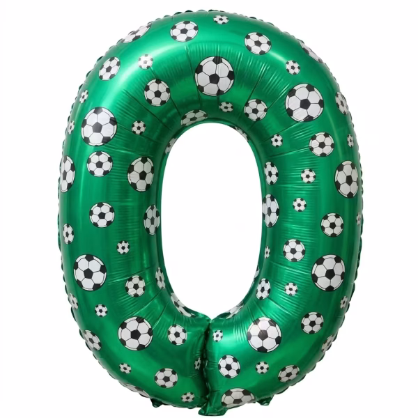 Balon Folie Cifra 0 Tematica Fotbal Verde 100 cm Balon din folie premium in forma de cifra 0 verde cu imprimeu tematic mingi de fotbal dimensiune 100 cm.
