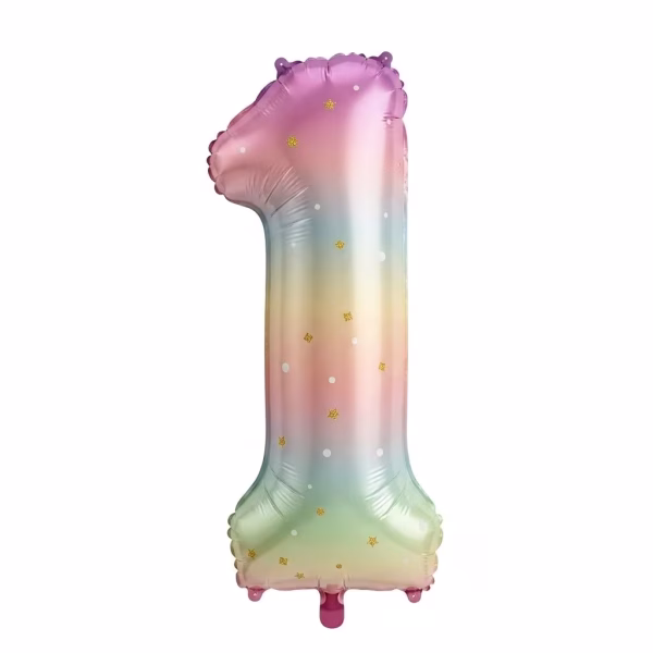 Balon Folie Cifra 1 Curcubeu Pastel cu Stele 100 cm Balon din folie premium in forma de cifra 1 curcubeu pastel cu stelute dimensiune 100 cm.