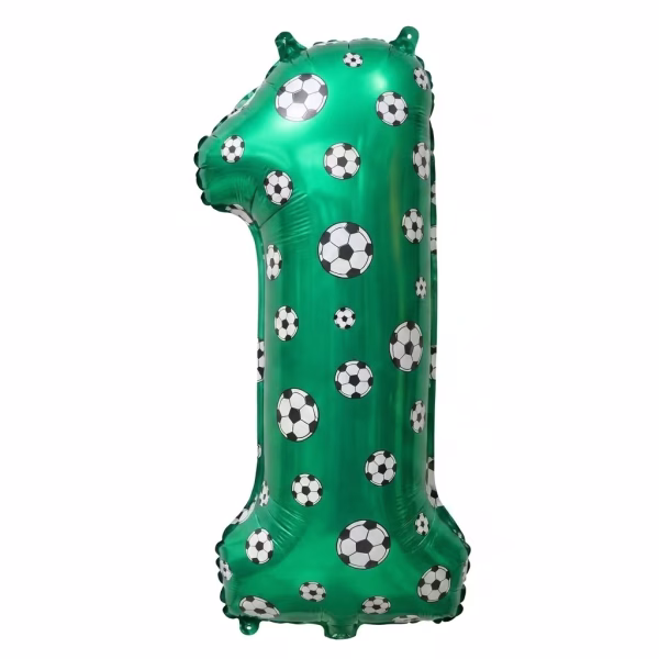 Balon Folie Cifra 1 Tematica Fotbal Verde 100 cm Balon din folie premium in forma de cifra 1 verde cu imprimeu tematic mingi de fotbal dimensiune 100 cm.