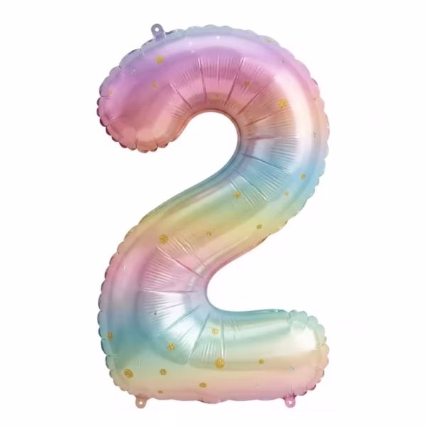 Balon Folie Cifra 2 Curcubeu Pastel cu Stele 100 cm Balon din folie premium in forma de cifra 2 curcubeu pastel cu stelute dimensiune 100 cm.