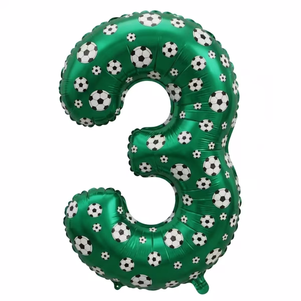 Balon Folie Cifra 3 Tematica Fotbal Verde 100 cm Balon din folie premium in forma de cifra 3 verde cu imprimeu tematic mingi de fotbal dimensiune 100 cm.