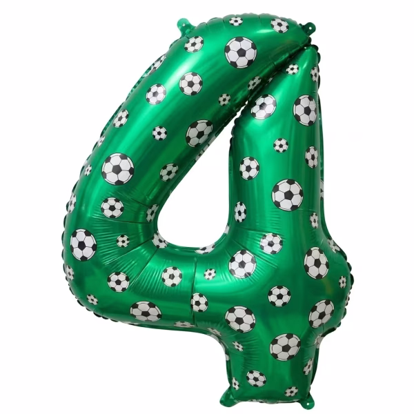 Balon Folie Cifra 4 Tematica Fotbal Verde 100 cm Balon din folie premium in forma de cifra 4 verde cu imprimeu tematic mingi de fotbal dimensiune 100 cm.