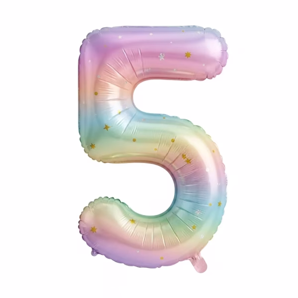 Balon Folie Cifra 5 Curcubeu Pastel cu Stele 100 cm Balon din folie premium in forma de cifra 5 curcubeu pastel cu stelute dimensiune 100 cm.