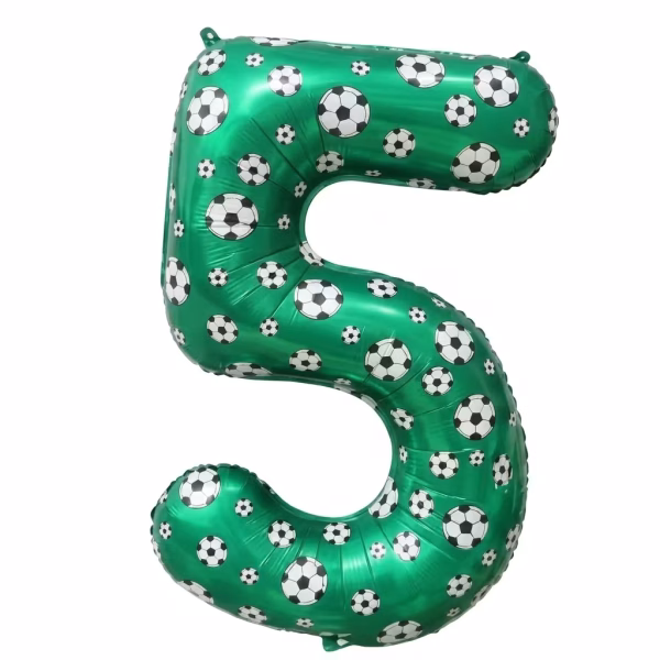 Balon Folie Cifra 5 Tematica Fotbal Verde 100 cm Balon din folie premium in forma de cifra 5 verde cu imprimeu tematic mingi de fotbal dimensiune 100 cm.