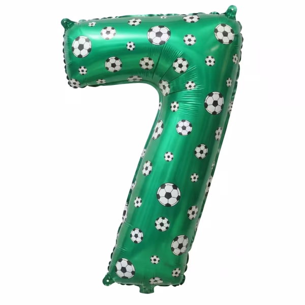 Balon Folie Cifra 7 Tematica Fotbal Verde 100 cm Balon din folie premium in forma de cifra 7 verde cu imprimeu tematic mingi de fotbal dimensiune 100 cm.