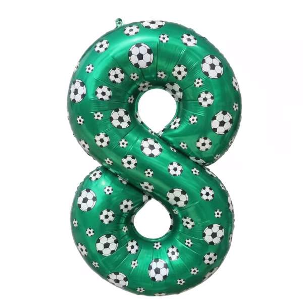 Balon Folie Cifra 8 Tematica Fotbal Verde 100 cm Balon din folie premium in forma de cifra 8 verde cu imprimeu tematic mingi de fotbal dimensiune 100 cm.