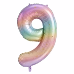 Balon Folie Cifra 9 Curcubeu Pastel cu Stele 100 cm Balon din folie premium in forma de cifra 9 curcubeu pastel cu stelute dimensiune 100 cm.
