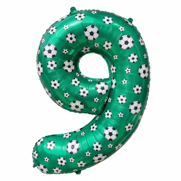 Balon Folie Cifra 9 Tematica Fotbal Verde 100 cm Balon din folie premium in forma de cifra 9 verde cu imprimeu tematic mingi de fotbal dimensiune 100 cm.