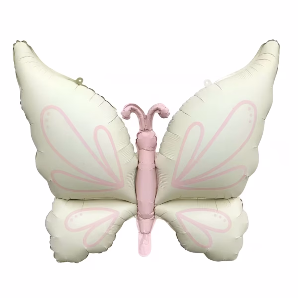 Balon Folie Figurina Fluture Ivory cu Roz 94 cm Balon din folie premium in forma de figurina fluture urias ivory cu detalii si corp roz pastel dimensiune 94x73 cm.