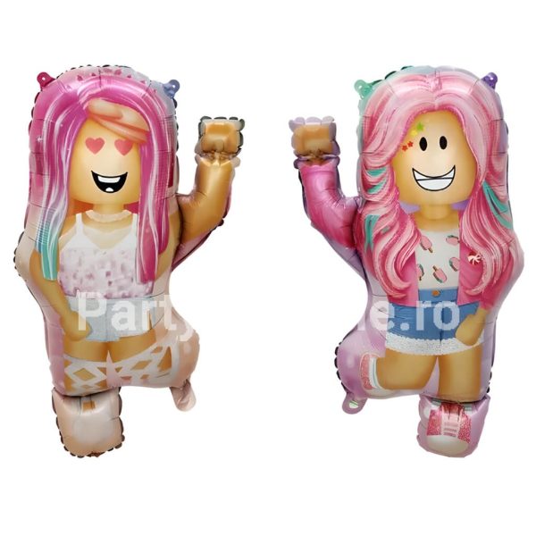 Balon Folie Figurina Roblox Fata-Verso Avatare Roz 72x49 cm Balon din folie metalizata tip figurina Roblox fata-verso cu avatare jucatori par roz si haine colorate