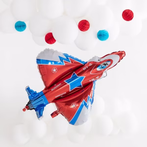 Balon folie avion Jet 96x103cm Balon folie avion Jet 96x103cm rosu cu albastru zburand printre nori din baloane.