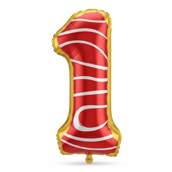 Balon folie cifra 1 forma gogoasa glazura rosie dungi albe.