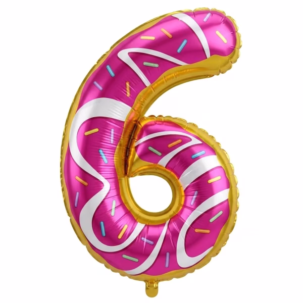 Balon folie cifra 6 forma gogoasa glazura roz dungi albe.