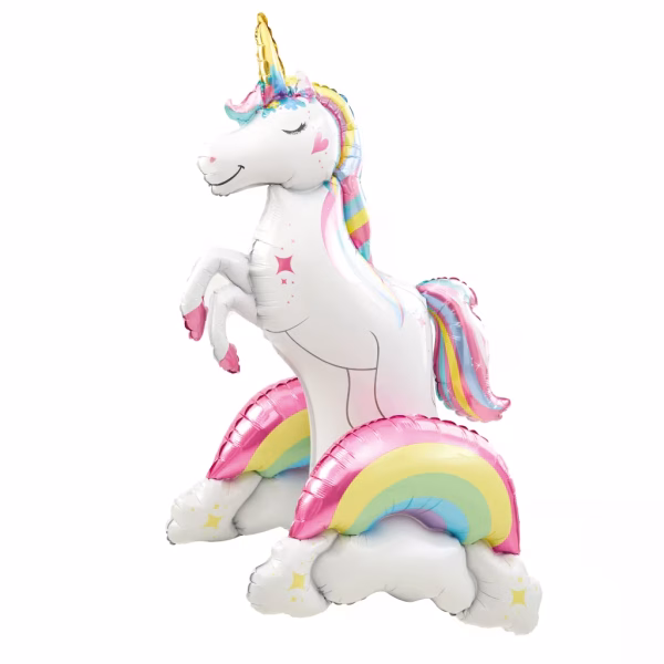 Balon folie unicorn si curcubeu airwalker Balon din folie in forma de unicorn si curcubeu model airwalker dimensiuni 52x94x43cm.