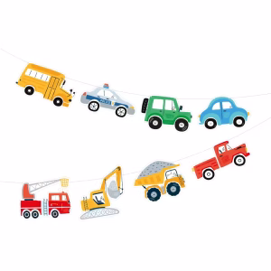 Banner Ghirlanda Masini si Vehicule Utilitare pentru Petrecere 250 cm Ghirlanda decorativa din carton cu tematica masini si vehicule pentru petreceri copii, contine 8 masinute colorate si un snur de 500 cm.