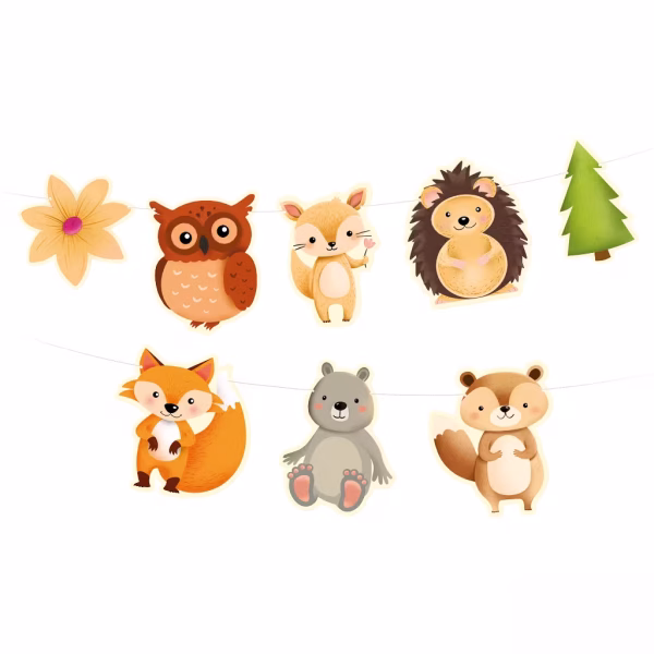Banner Ghirlanda Prietenii Padurii cu Animale Woodland 200x18 cm Banner ghirlanda decorativa din carton cu tematica prietenii padurii, contine 8 elemente cu animale adorabile: urs, vulpe, bufnita, arici, veverite, insotite de un brad si o floare.