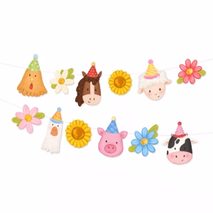 Banner Ghirlanda Tematica Animale de Ferma cu Flori 190x24 cm Banner ghirlanda decorativa din carton cu tematica animale de ferma, include 6 fete de animale cu coifuri de petrecere si 6 flori colorate de camp, snur inclus, 190x24 cm.