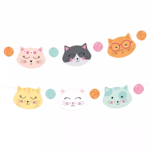 Banner Ghirlanda Tematica Pisici Meow cu Gheme de Lana 150 cm Banner ghirlanda decorativa din carton cu tematica pisici, include 6 decupaje fete de pisici pastelate si 7 gheme de lana, snur de prindere inclus, lungime 150 cm.