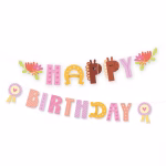 Banner Happy Birthday Tematică Cai și Echitație Formă Litere 245x22.5 cm Banner Happy Birthday din carton, tematică ecvestră cu cai, litere roz și portocalii decorate cu inimioare, litere sub formă de potcoave și capete de cai, lungime 245 cm.