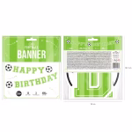 Banner Happy Birthday Tematica Fotbal cu Mingi 250 cm (2) Banner din carton Happy Birthday cu tematica fotbal, litere verzi stil sport si 3 decupaje in forma de minge de fotbal, lungime 250 cm.