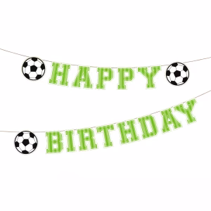 Banner Happy Birthday Tematica Fotbal cu Mingi 250 cm (2) Banner din carton Happy Birthday cu tematica fotbal, litere verzi stil sport si 3 decupaje in forma de minge de fotbal, lungime 250 cm.