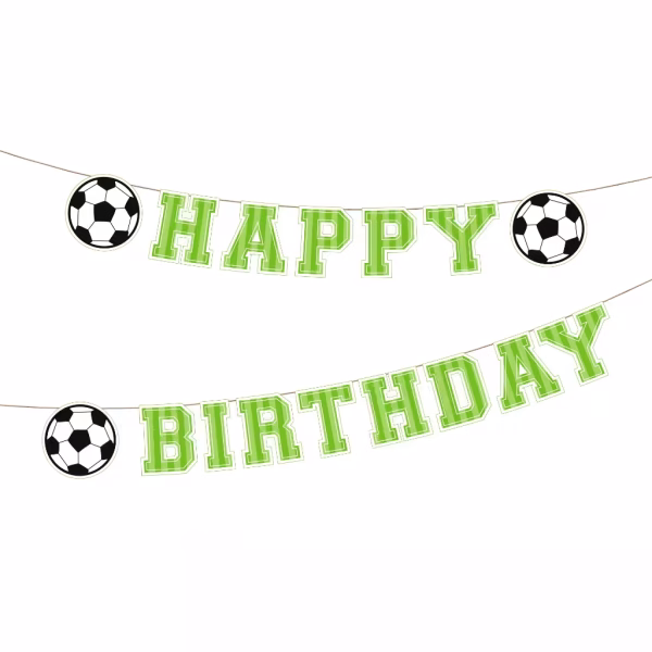 Banner Happy Birthday Tematica Fotbal cu Mingi 250 cm (2) Banner din carton Happy Birthday cu tematica fotbal, litere verzi stil sport si 3 decupaje in forma de minge de fotbal, lungime 250 cm.