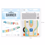 Banner Happy Birthday Tematica Masini Sosea 250x17 cm Banner Happy Birthday din carton cu tematica masini, litere decorate ca sosele cu indicatoare rutiere, include masini si un con de trafic.