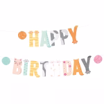 Banner Happy Birthday Tematica Pisici Meow Forma Litere 200x18 cm Banner Happy Birthday din carton pentru petreceri copii tematica pisici, litere cu design special in forma de labute, cozi de pisica si blana pastelata, lungime 200 cm.