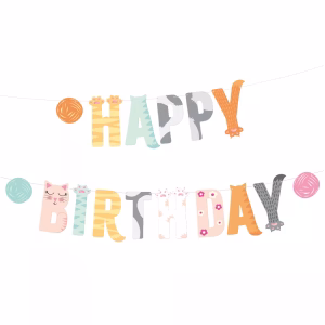 Banner Happy Birthday Tematica Pisici Meow Forma Litere 200x18 cm Banner Happy Birthday din carton pentru petreceri copii tematica pisici, litere cu design special in forma de labute, cozi de pisica si blana pastelata, lungime 200 cm.