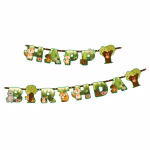 Banner Happy Birthday Tematica Prietenii Padurii Animale Woodland 210x16 cm Banner Happy Birthday din carton pentru petreceri copii, tematica animalele padurii woodland, litere verzi decorate cu urs, vulpe si bufnita, prindere cu pini metalici, 210x16 cm.