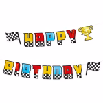 Banner Happy Birthday Tematica Racing Masini de Curse 220x17 cm Banner Happy Birthday din carton cu tematica racing masini de curse, litere colorate cu baza in carouri alb-negru, include 2 steaguri de finish si un trofeu de campion, 220x17 cm.