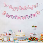 Banner Happy Birthday cu Tematica Fluturi Pastel din Carton si Sclipici Roz Banner aniversar Happy Birthday din carton cu sclipici roz si ghirlanda formata din 10 fluturi in culori pastelate roz si mov, ideal pentru petreceri fete.