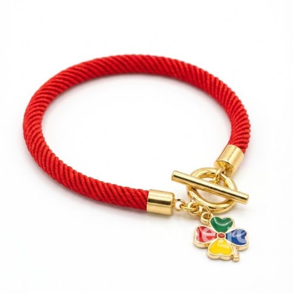 Brățară Mărțișor Roșie cu Pandantiv Trifoi Multicolor (4 Culori) – Talisman Norocos (19 cm) Bratara martisor snur rosu gros rasucit cu pandantiv trifoi cu patru foi multicolor rosu verde albastru galben si inchidere toggle