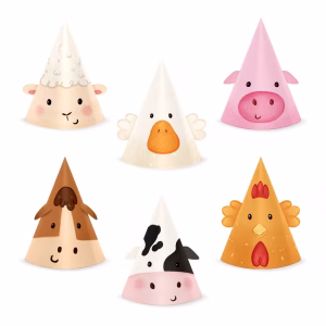 Coifuri Petrecere Tematica Animale Ferma cu Urechiuse 3D Coifuri din carton pentru petreceri copii, tematica animale ferma, 6 modele cu vacuta, porcusor, calut, oita, gainusa si ratusca, prevazute cu urechiuse 3D decupate si banda elastica, inaltime 16 cm.