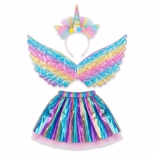 Costum Unicorn cu Aripi Multicolor (Curcubeu Holografic) pentru Copii - Set 3 Piese Un costum de unicorn pentru copii