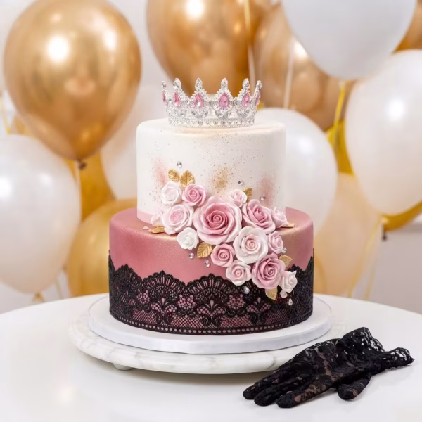 Decoratiune Tort Coroana Argintie cu Cristale Roz decoratiune tort coroana argintie cristale roz accesorii petrecere printesa