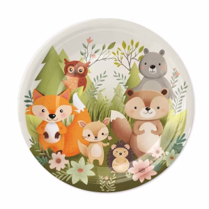 Farfurii din Carton Tematica Prietenii Padurii Animale Woodland 18 cm Farfurii din carton pentru petreceri copii, diametru 18 cm, tematica prietenii padurii woodland, design in stil acuarela cu ursulet, vulpe, veverita, arici si bufnita.