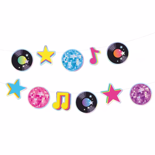 Ghirlanda Decorativa Retro Disco Boogie Night 150 cm Ghirlanda decorativa pentru petrecere tematica disco, formata din decupaje din carton cu discuri vinil, globuri disco, note muzicale si stele, lungime 150 cm.