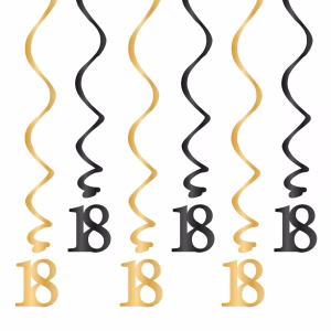 Ghirlande Spirala 18 Ani Majorat Auriu si Negru 85 cm Set 6 ghirlande premium tip spirala din folie metalizata pentru majorat, culori auriu si negru, cu decupaj cifra 18, lungime 85 cm.