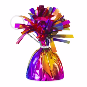 Greutate pentru Baloane Colorata Lucioasa Multicolora 140g Greutate pentru baloane cu heliu, invelita in folie lucioasa multicolora metalizata, prevazuta cu inel transparent din plastic pentru prindere rapida, greutate 140 grame.