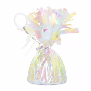 Greutate pentru Baloane Holografica Lucioasa Iridiscenta 140g Greutate pentru baloane cu heliu, invelita in folie holografica lucioasa iridiscenta, prevazuta cu inel transparent de prindere, greutate 140 grame.